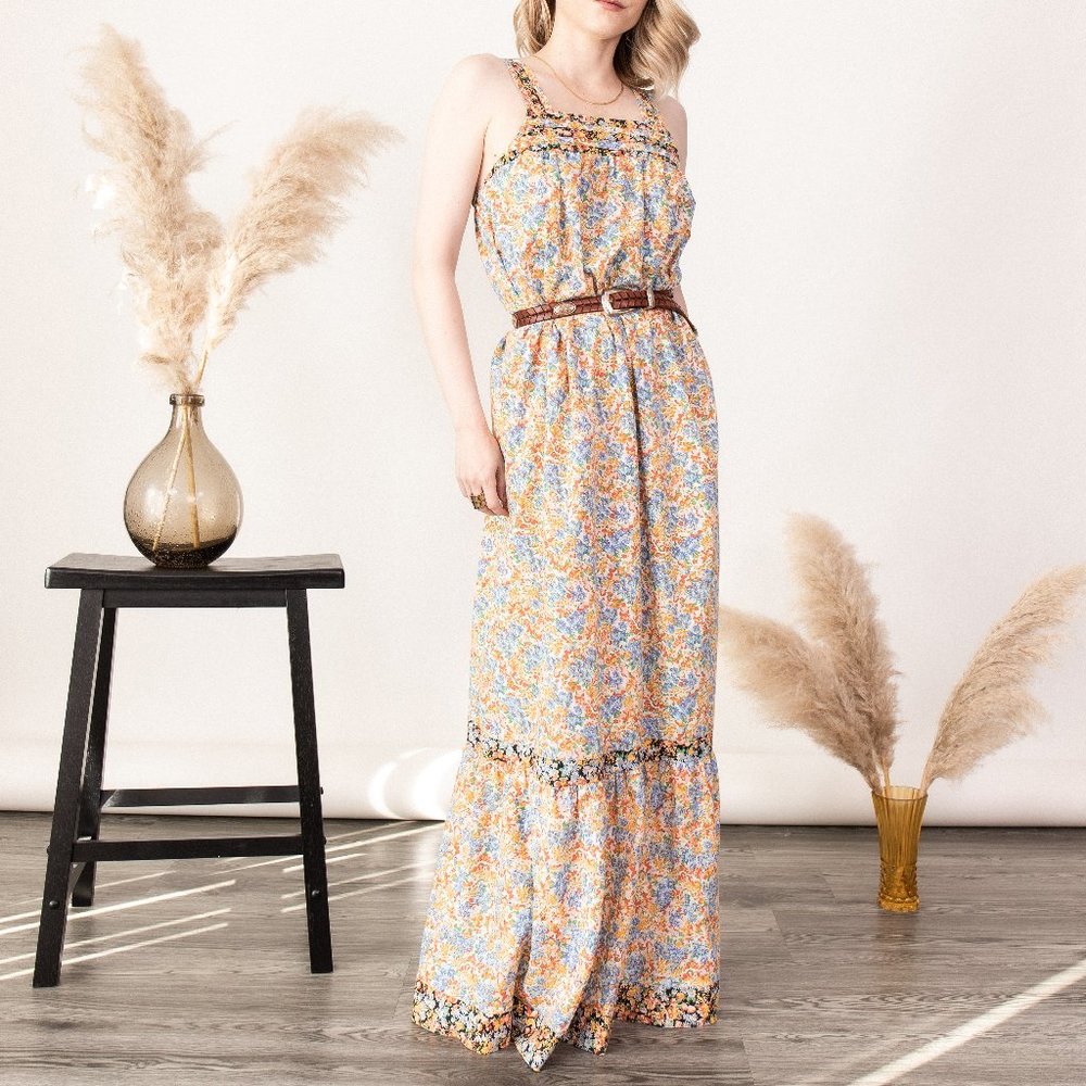 Vintage calico floral prairie cottage maxi dress